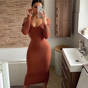 Hera Collection Women’s S Brown Knit Sweater Bodycon Dress Ribbed V Neck Plunge